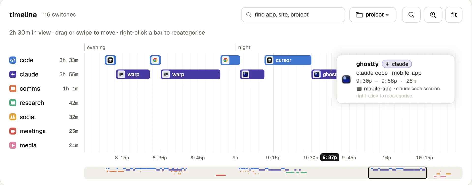 Zoomed timeline with an inspector card